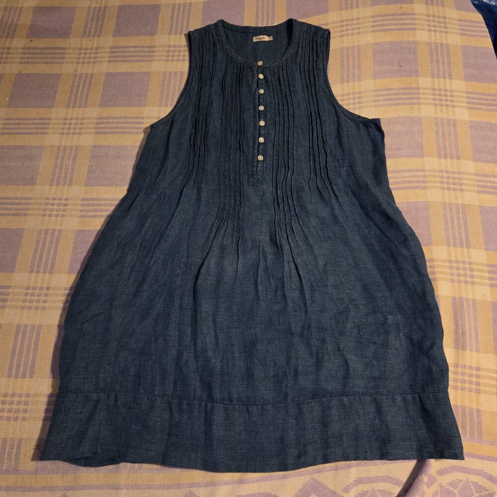 Faherty Isha Basketweave Dress Size L Linen Indigo Dyed Button